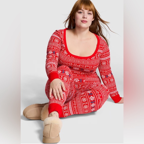 PINK by Victoria’s Secret Thermal Pajama Set in red fair isle - Picture 4 of 4